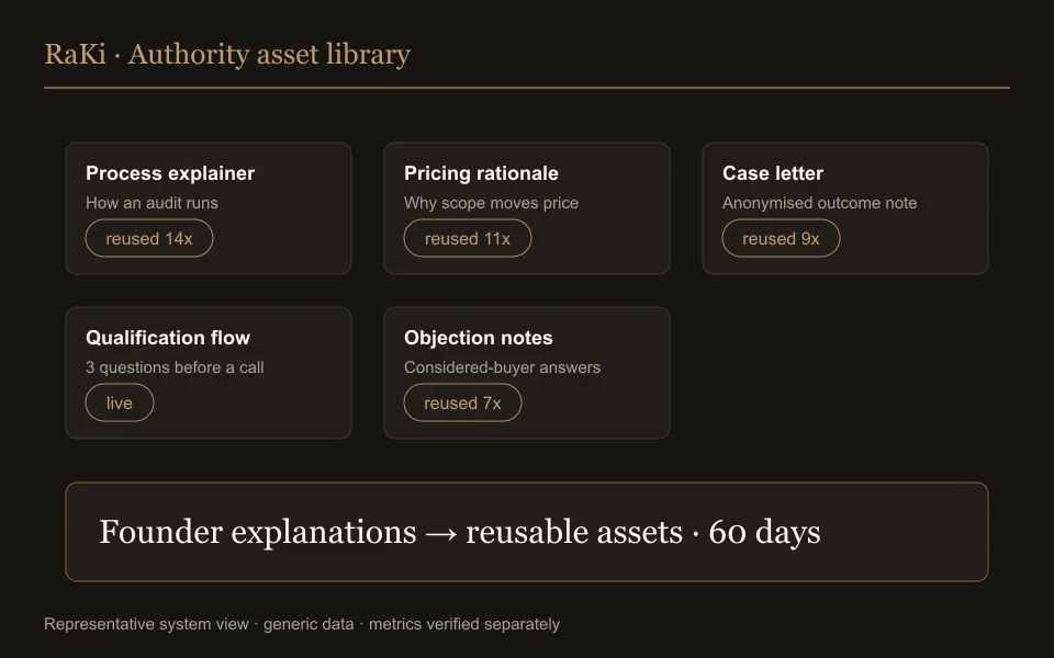 Representative view of the RaKi authority asset library with reusable explainers, pricing notes, and qualification flow